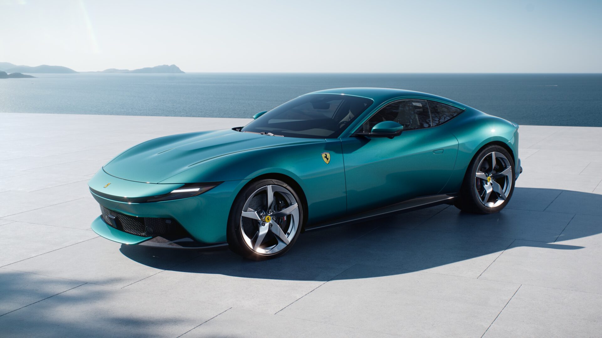 Ferrari Amalfi grand tourer coupe in red, the successor to the Ferrari Roma, displayed at its India debut with its new front fascia, LED headlamps, and active rear spoiler